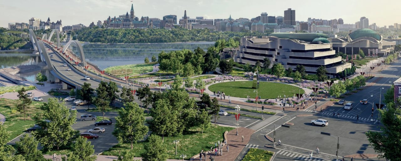 A rendering of a bridge over a river between two cities in summer.