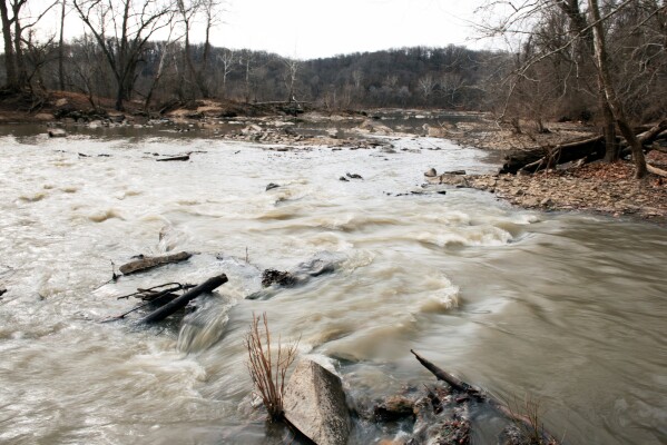 Sewage from a massive pipe rupture flows into the Potomac River in Glen Echo, Md., Friday, Jan. 23, 2026. A massive pipe that moves millions of gallons of sewage has ruptured and sent wastewater flowing into the Potomac River northwest of Washington, polluting it ahead of a major winter storm that has repair crews scrambling. (AP Photo/Cliff Owen)
