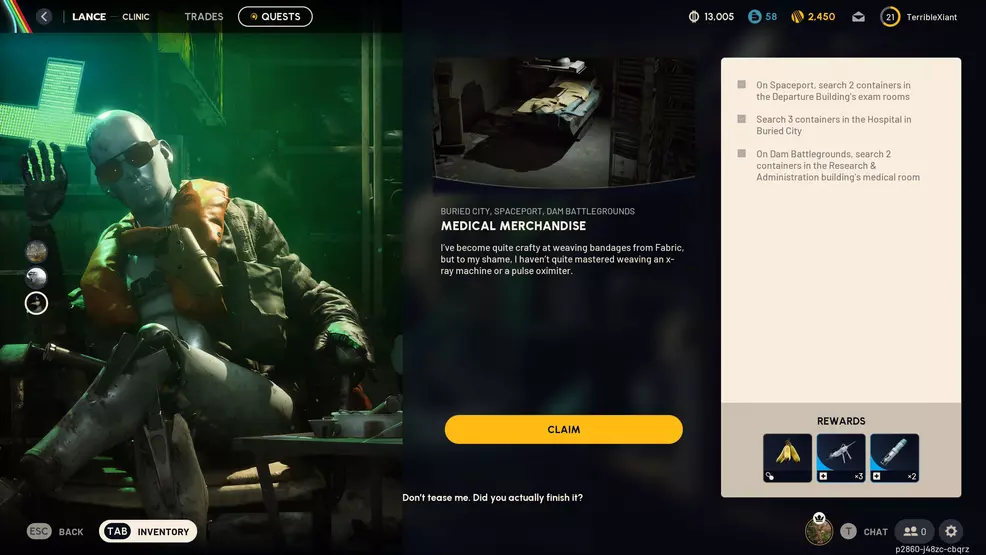 The Medical Merchandise quest reward claim screen in ARC Raiders.