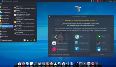 Emmabuntus Xfce desktop with the Welcome screen with 9 big buttons, and the Whisker menu open