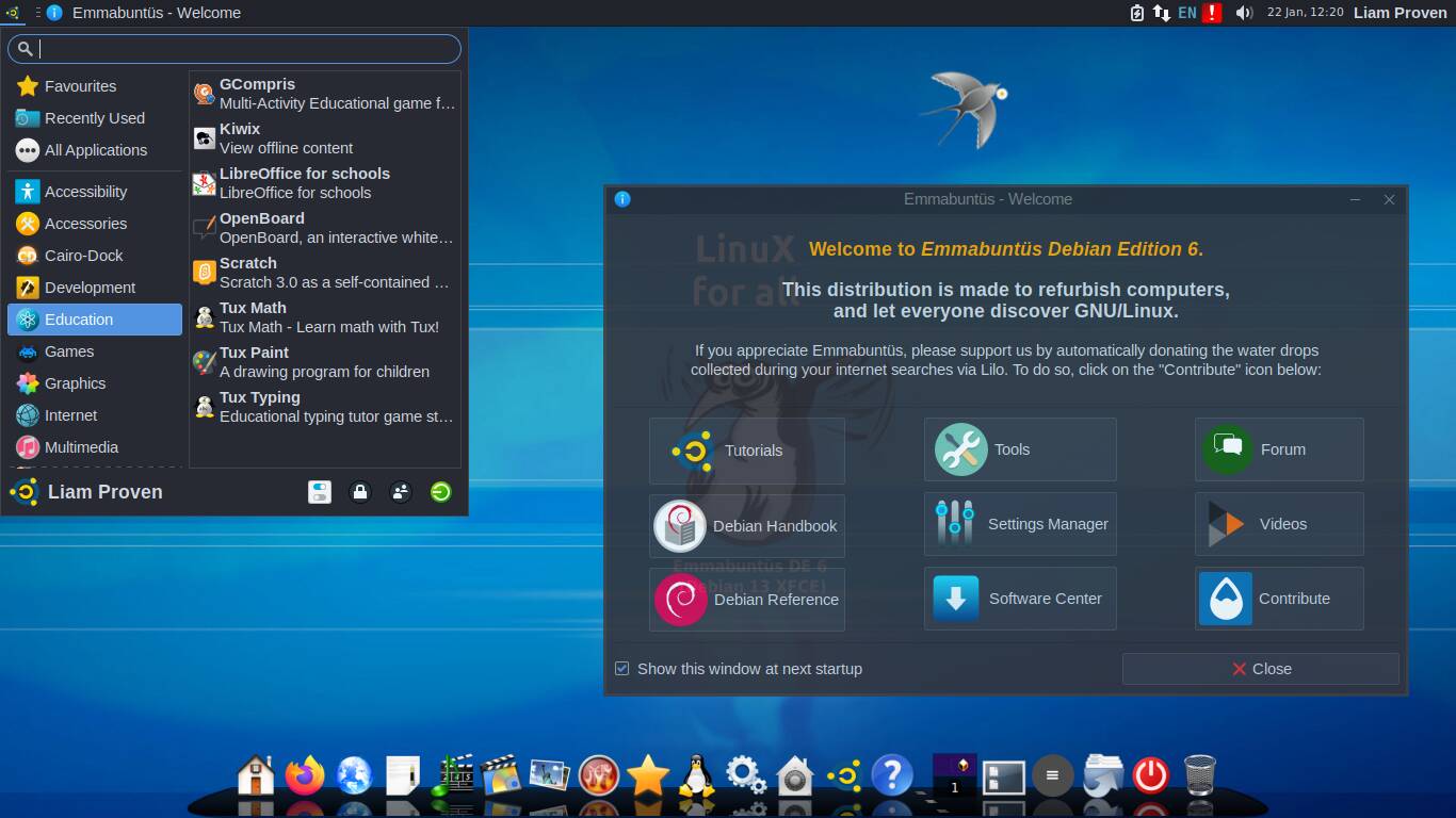 Emmabuntus Xfce desktop with the Welcome screen with 9 big buttons, and the Whisker menu open