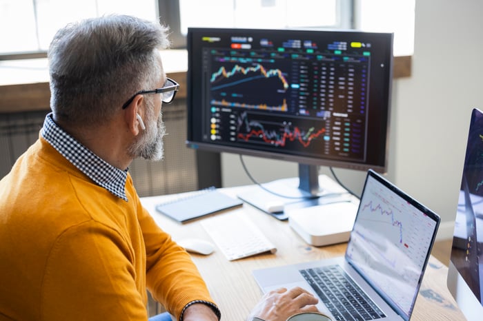 A bearded person sits at their desktop computer with a laptop nearby. The person is observing what looks like stock trends on the screen.