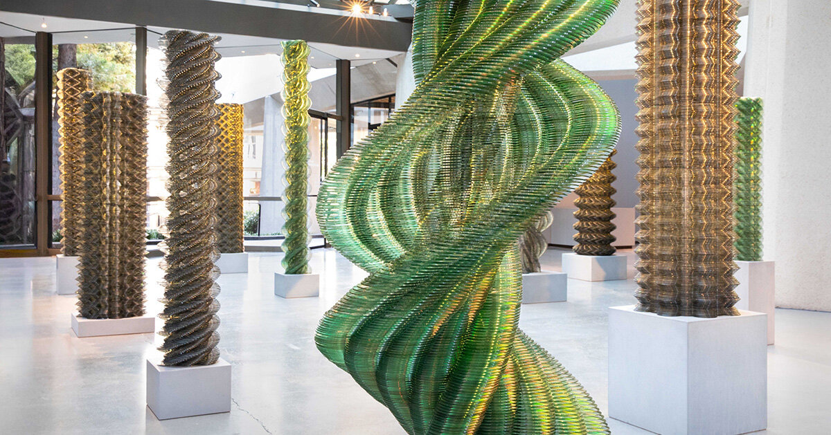 recycled CDs form vertical sculptures in tara donovan's stratagems
