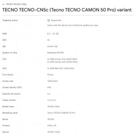 Tecno Camon 50 and Tecno Camon 50 Pro Google Play Console listings
