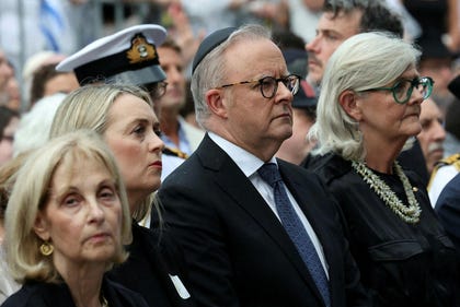 Australia's Special Envoy to Combat Antisemitism Jillian Segal stands next to Australia's Prime Minister Anthony Albanese, his wife Jodie Haydon, and Governor-General of Australia Sam Mostyn during the 'Light Over Darkness' vigil honouring victims and survivors of a deadly mass shooting during a Jewish Hanukkah celebration at Bondi Beach in December.