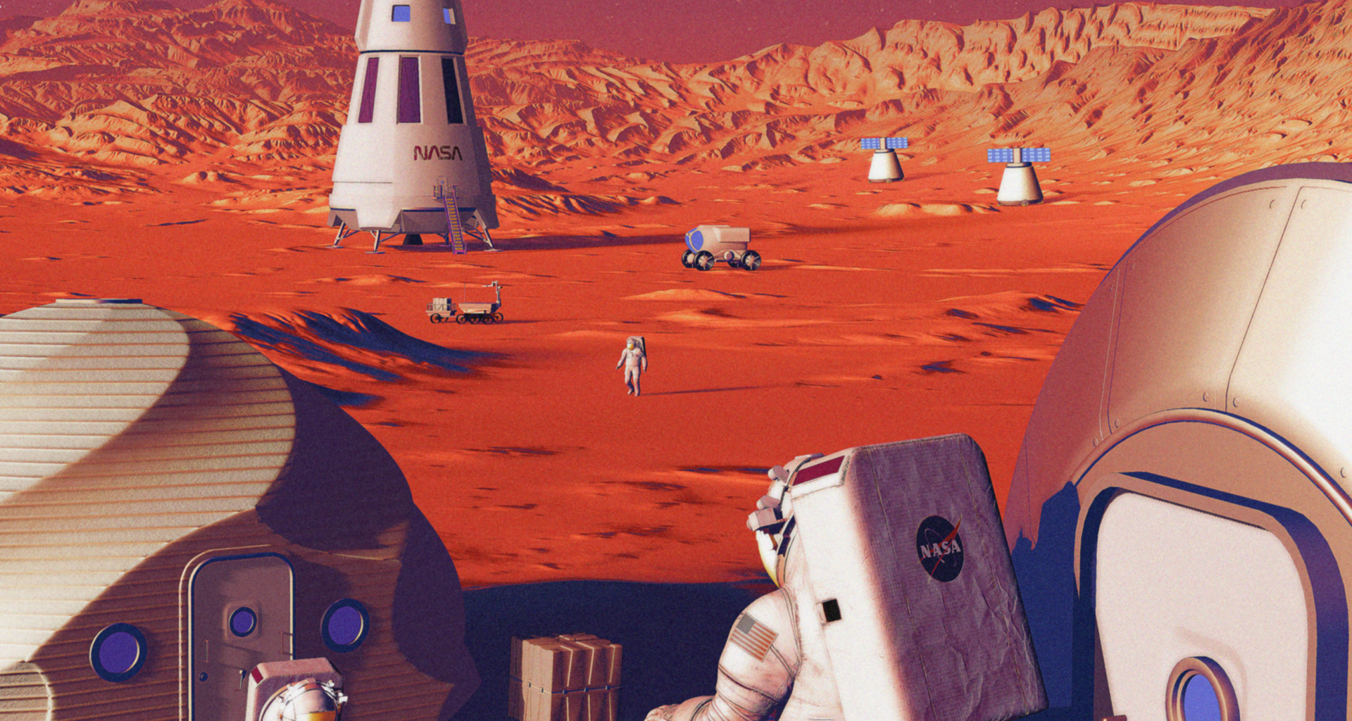 This illustration of Moon to Mars infrastructure shows astronauts living and working on the surface of Mars. NASA’s Moon to Mars Objectives establish an objectives-based approach to the agency's human deep space exploration efforts; NASA’s Moon to Mars Architecture approach distills the objectives into operational capabilities and elements.