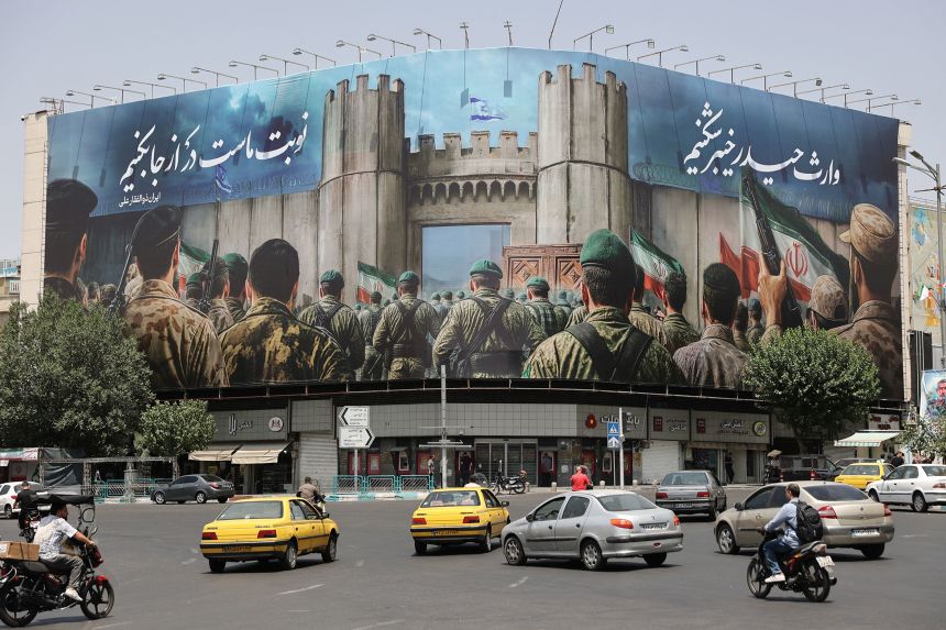 An anti-Israeli billboard is seen in Tehran, Iran, in June 2025.