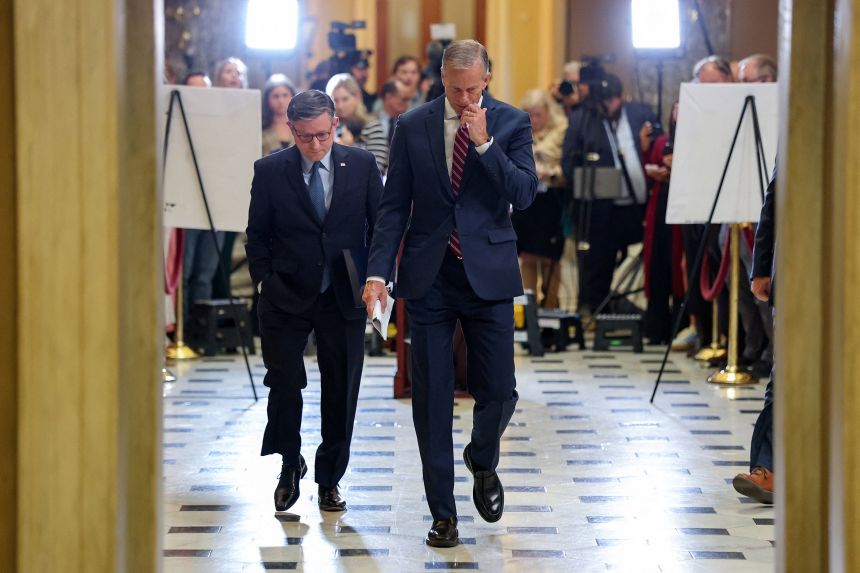 House Speaker Mike Johnson and Senate Majority Leader John Thune at the US Capitol, October 3, 2025.