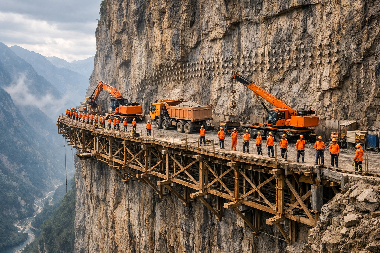A road suspended on a cliff in the Andes, built by engineers using tunnels, concrete pillars, and heavy machinery.