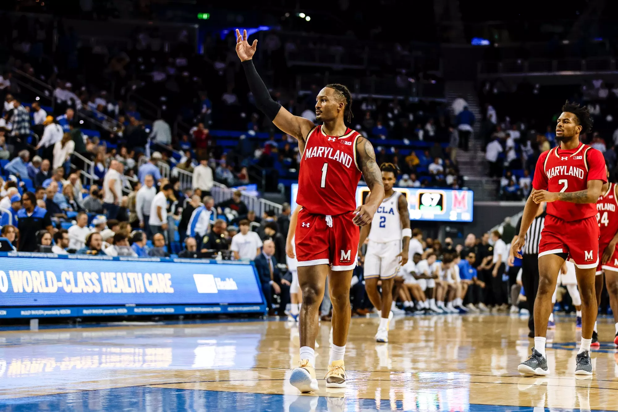 Guard Jahmir Young (1) Maryland Men's Basketball at UCLA at Edwin W. Pauley Pavillion in Los Angeles, CA on Saturday, Dec. 23, 2023. Chris Lyons/ Maryland Athletics