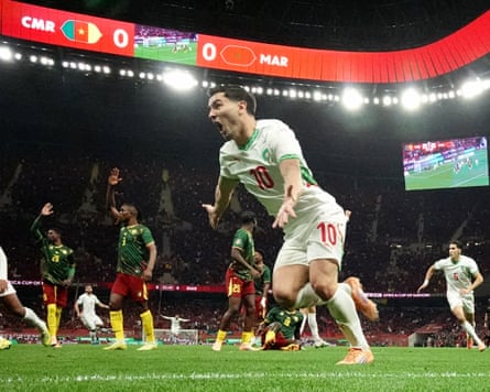 FBL-AFR-2025-MATCH 46-CMR-MARMorocco's forward #10 Brahim Diaz (L) celebrates scoring his team's first goal during the Africa Cup of Nations (CAN) quarter-final football match between Cameroon and Morocco at the Prince Moulay Abdallah stadium in Rabat on January 9, 2026. (Photo by Paul ELLIS / AFP via Getty Images)