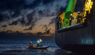 Night Confrontation with a Deep Sea Mining Ship in the at-risk Pacific Region. © Martin Katz / Greenpeace