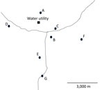 Approximate locations of the sites from which water samples were collected in study of the effect of chloramine disinfection of community water system on Legionnaires’ disease outbreak, Minnesota, USA. Circles indicate community sampling sites A–G. Square indicates water utility. Dotted lines represent 2 major roads that pass through the community.