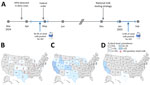 Timeline and geographic distribution of influenza A(H5N1) outbreaks in dairy cattle herds in study of retail milk monitoring of influenza A(H5N1) in dairy cattle, United States, 2024–2025. A) Timeline of detections and federal interventions. B–D) Locations of confirmed H5N1 outbreaks in dairy herds, standardized as the prevalence of infected herds relative to the total number of herds per state, on the basis of 2022 US Department of Agriculture (USDA) Census of Agriculture data (6). A) USDA reported outbreaks (n = 36), March 25–May 3, 2024; B) USDA reported outbreaks (n = 701), May 4–December 8, 2024); C) USDA reported outbreaks (n = 218), December 9, 2024–January 29, 2025. The red virion marks the state of processing plants where influenza A virus–positive retail milk was identified. Maps were generated using BioRender (https://BioRender.com). HPAI, highly pathogenic avian influenza; IAV, influenza A virus.