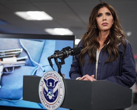 Kristi Noem holds a press conference in Washington DC on Saturday.