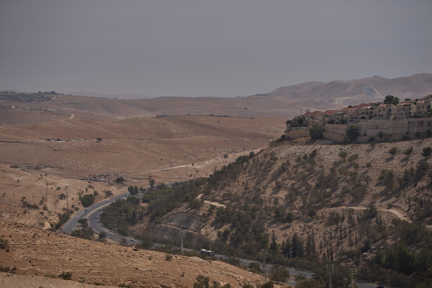 Homes are seen on top of a tree-lined hillside, with a road at the foot of the hill.