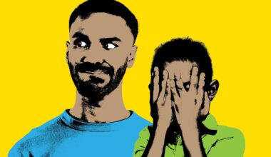 Photo illustration of a father on the left and a young boy on the right. The boy is holding both hands over his face and covering his eyes.