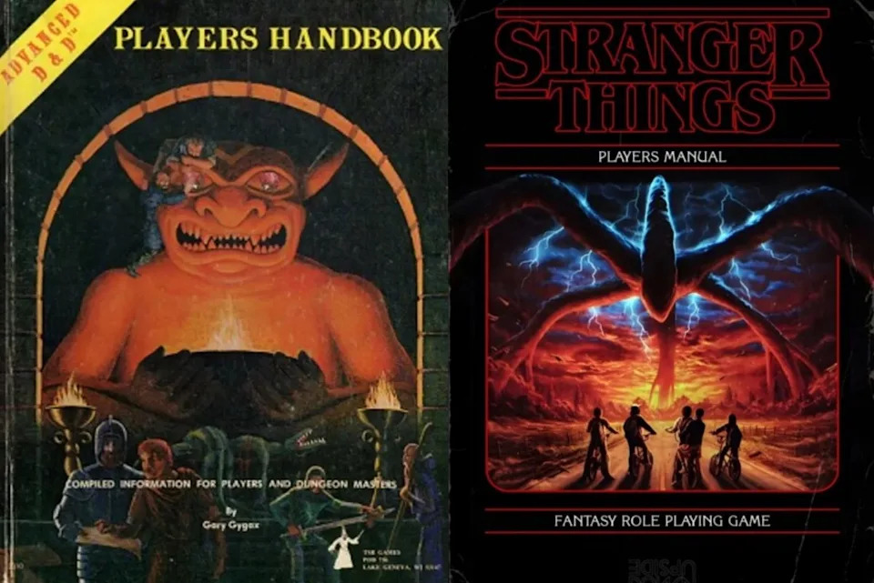 (Left) The 1980s Dungeons & Dragaons Player's Handbook (Right) The Stranger Things finale end credits "Playbook."