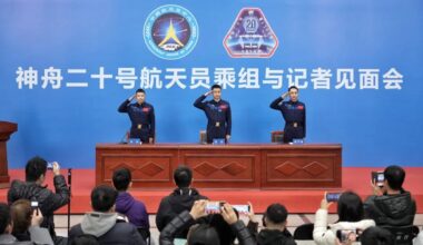 The Shenzhou-20 crew make their first official public appearance on January 16, 2025 in Beijing after returning safely to Earth. Photo: China Space News