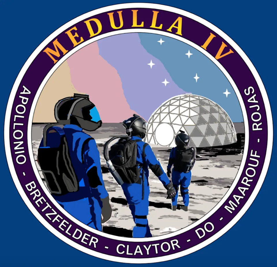 A mission patch showing three people wearing masks and flight suits and walking toward a dome-shaped habitat, with a ring around it saying 'Medulla IV' with the names of the participants.