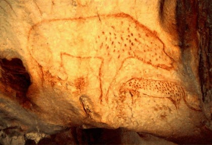 Cave hyena (Crocuta crocuta spelaea) painting found in the Chauvet cave, 32,000 years old