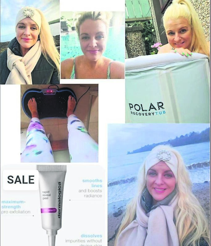 Emer O’Callaghan out walking this winter by the sea, scarf and head bands from Penneys. She is also pictured at the pool and in her outdoor Polar ice tub. Also pictured is Emer’s Product of the week, Dermalogica’s Rapid Reveal peel home exfoliation kit pack, available at Emerald Beauty Clinic