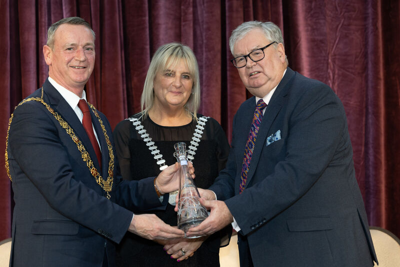 Joe Duffy, recipient of the honorary Cork person award, with the Lord Mayor of Cork, councillor   Fergal Dennehy, and Mayor of County Cork councillor  Mary Linehan Foley. Picture: Darragh Kane