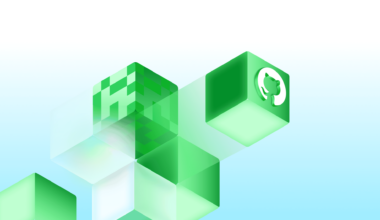 Decorative background featuring floating green cubes, including one with the GitHub invertocat logo.