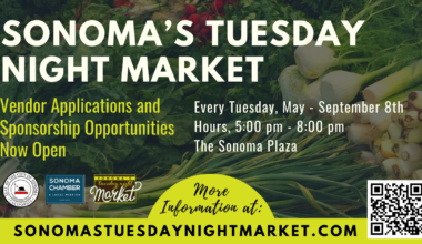Sonoma’s Tuesday Night Market promotional graphic announcing vendor applications and sponsorship opportunities, held Tuesdays May through September at Sonoma Plaza.