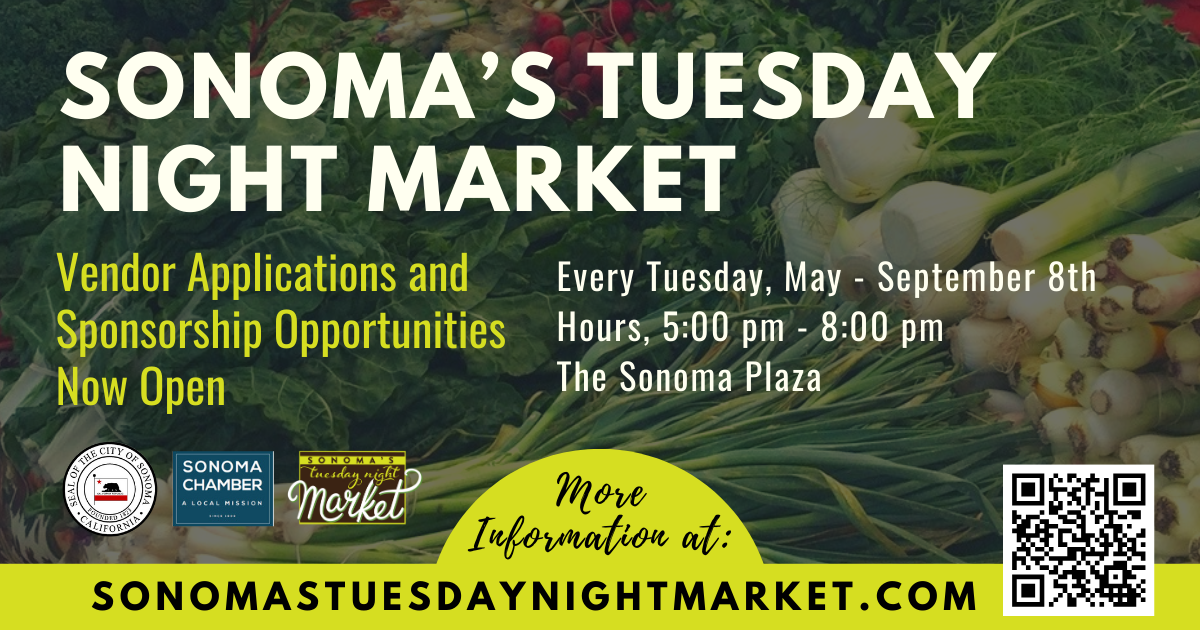 Sonoma’s Tuesday Night Market promotional graphic announcing vendor applications and sponsorship opportunities, held Tuesdays May through September at Sonoma Plaza.