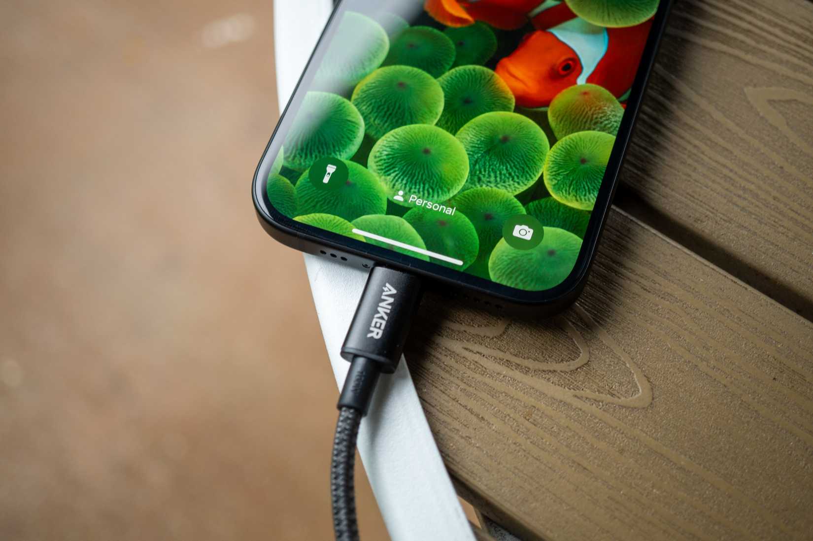 USB Type C cable charging the Apple iPhone 15.
