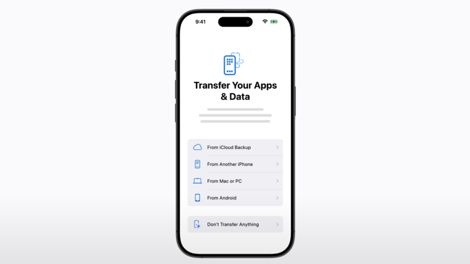 Screenshot of the Transfer Your apps and data screen on a new iPhone with the From Android option.