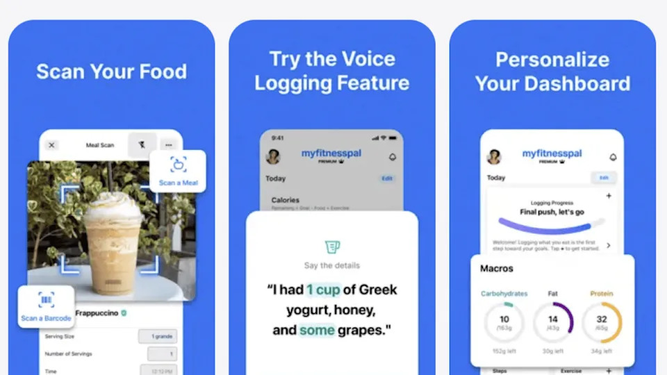 Three screenshots showing the interface of the MyFitnessPal app. - MyFitnessPal