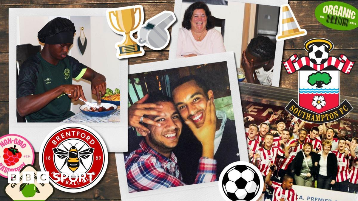 Young Brentford academy footballers laugh while eating a meal at home with their host family