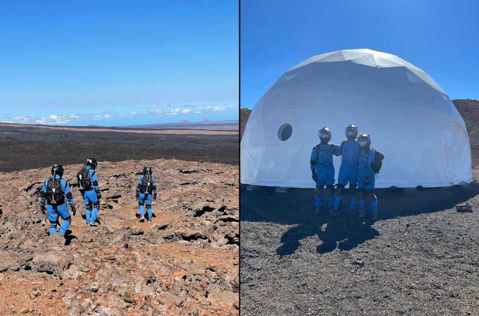 Two photos of a group of people wearing flight suits walking in a volcanic terrain and standing in front of a geodesic dome.