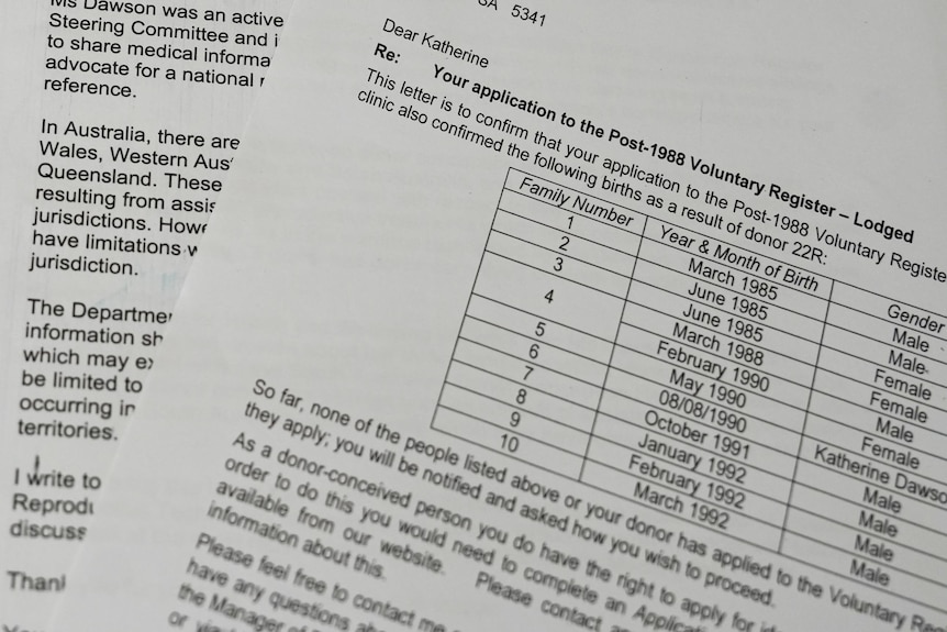 Letters addressed to Katherine Dawson contain de-identified info about donor siblings