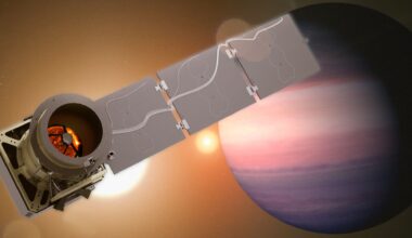 The Pandora spacecraft with an exoplanet and two stars in the background