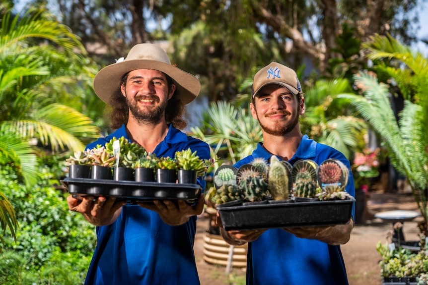 Two men in blue shirts with hats on hold out trays of succulents surrounded by greenery behind them.