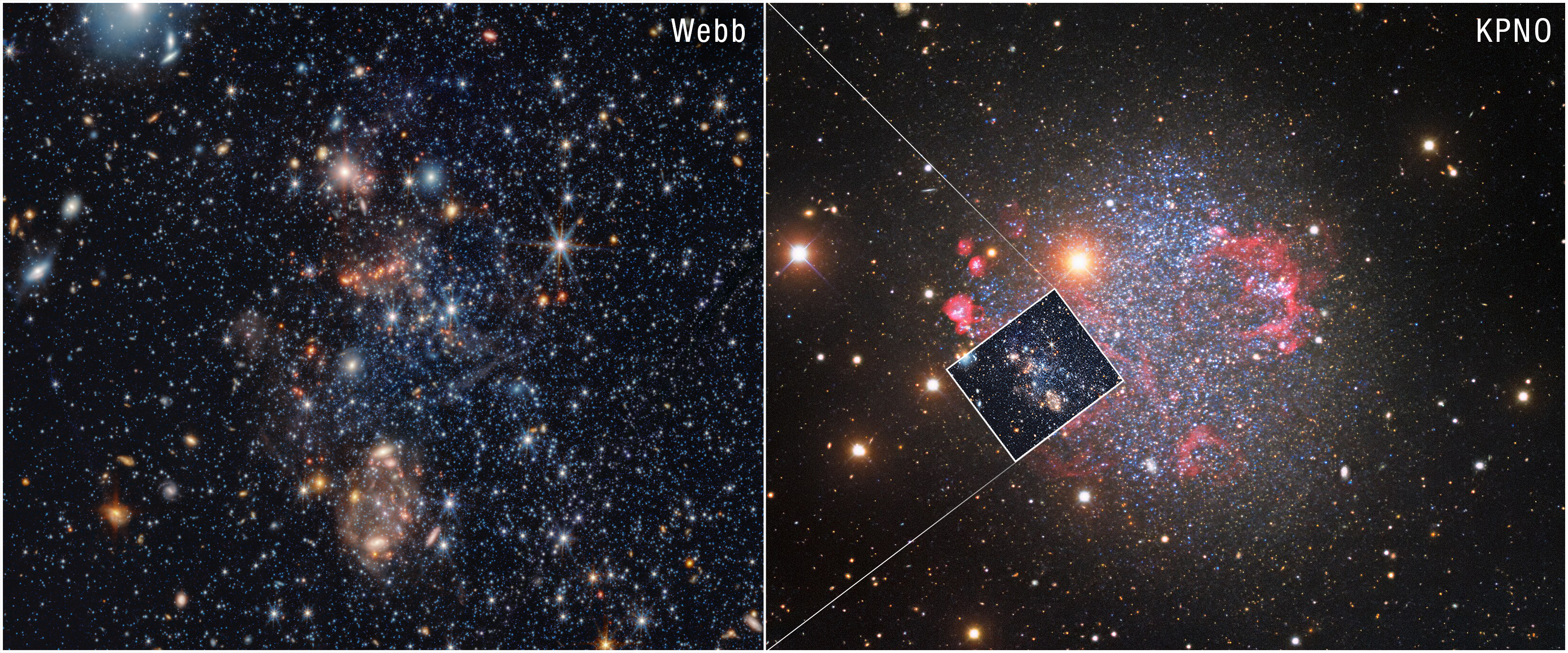 A comparison of two images, with the left being an image from the James Webb Space Telescope showing blue and golden stars with the right being from Kitt Peak National Observatory With red and purple glows from stars