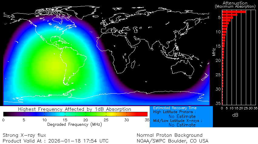 map showing radio blackouts across the Americas during the X-flare event on Jan. 18.