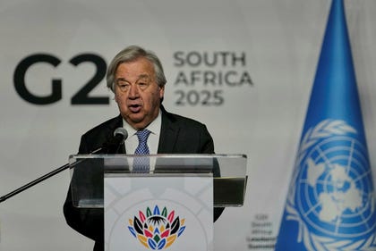 UN Secretary-General António Guterres addresses a media conference on the eve of the G20 Summit in Johannesburg, South Africa, November.