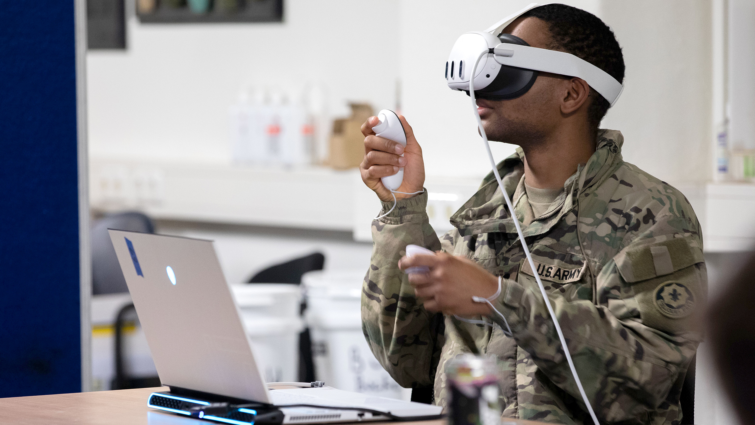U.S. Army Spc. Elijah Sims, a Soldier assigned to the 2nd Cavalry Regiment, uses virtual reality to simulate operation on the Dronebuster Block 3B handheld electronic jammer, Rose Barracks, U.S. Army Garrison Bavaria, Vilseck, Germany, Jan. 8, 2025. The Counter Unmanned Aerial Systems course trains Soldiers to identify, detect, and defeat enemy small drones. (U.S. Army photo by Pfc. Jolene Cintron)