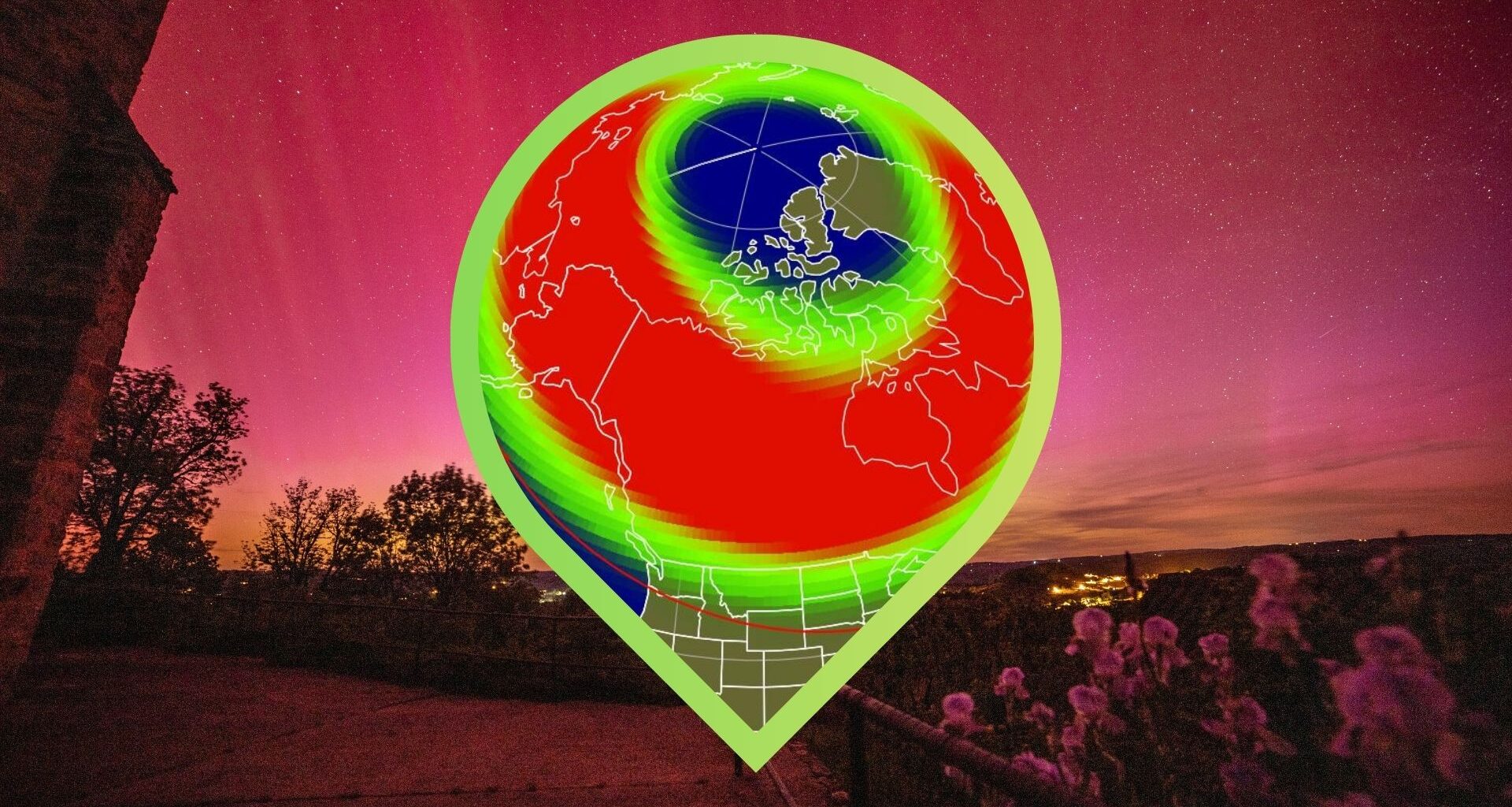 map of the U.S. showing the states that lie above the possible aurora view line for tonight.