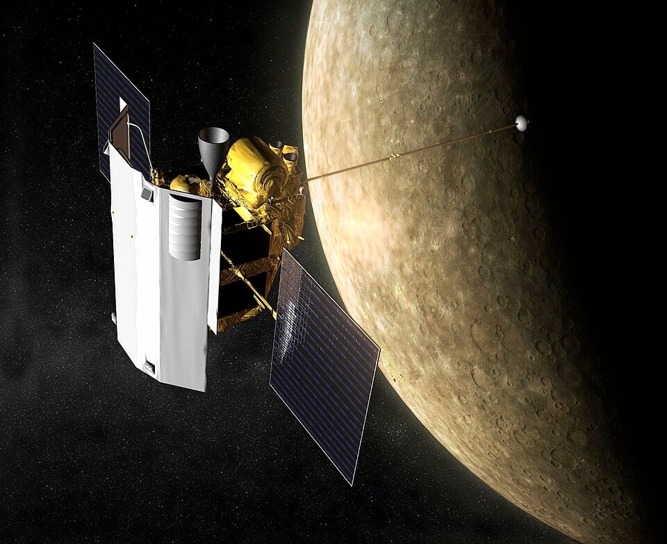 Artist impression of the Messenger spacecraft entering orbit around Mercury (Credit : NASA/JHU/APL)