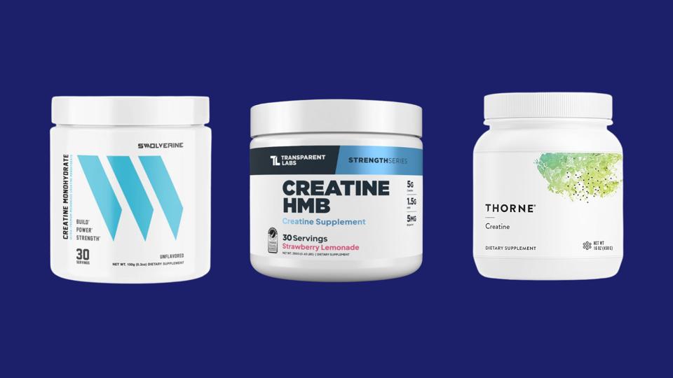 Three creatine supplements against a blue background.