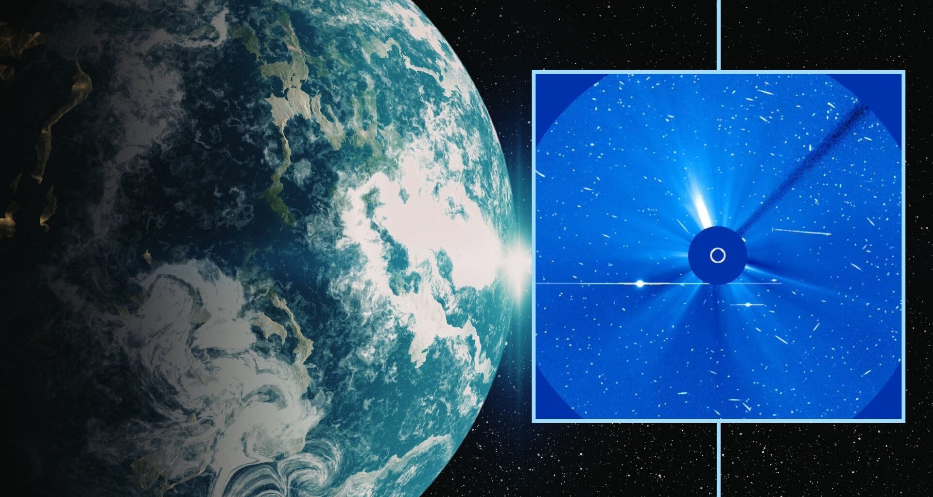 image showing a graphic illustration of earth on the left and an inset image on the right showing a view from SOHO LASCO imagery with lots of fine white specks across the screen - like a snowstorm - this is the solar radiation storm.