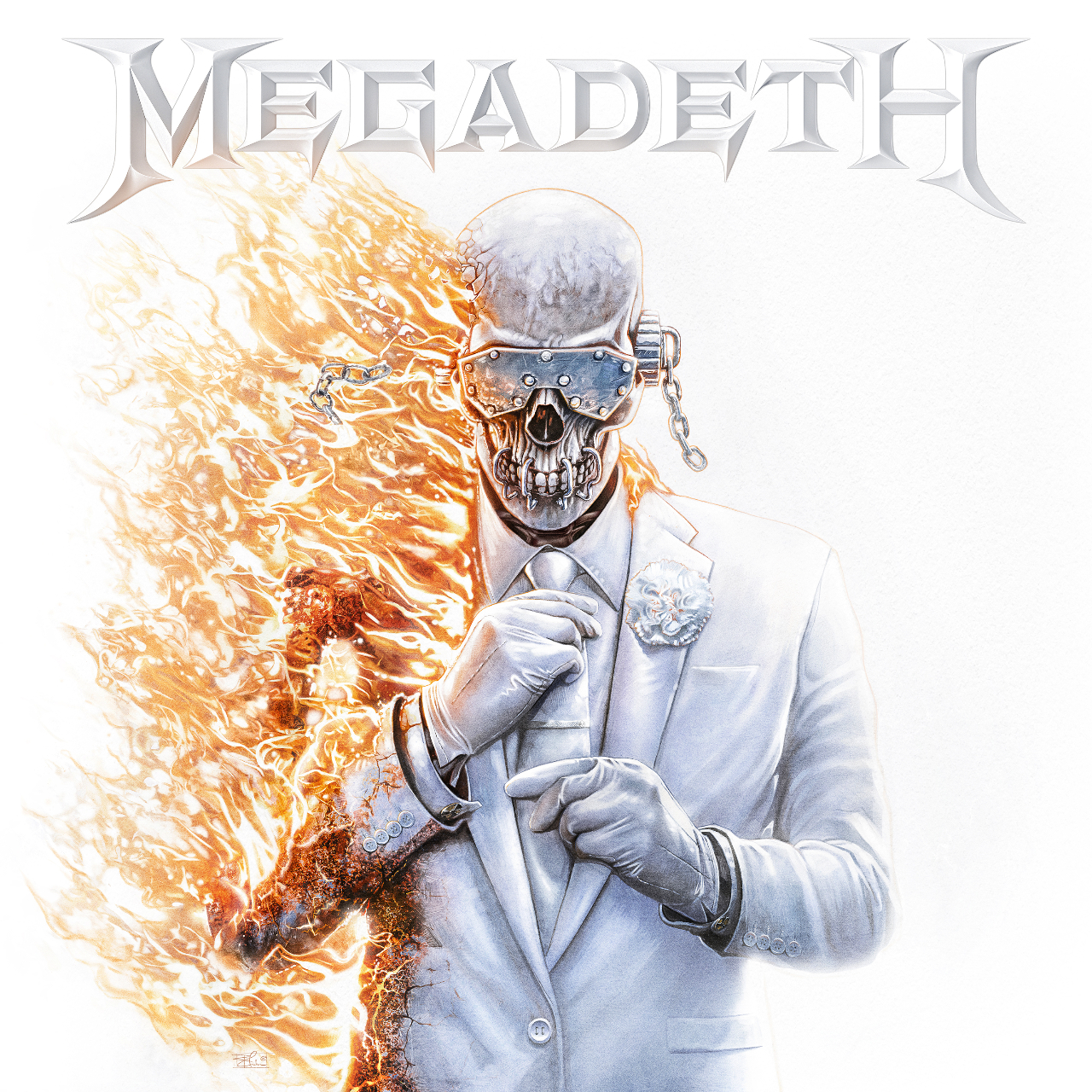 Megadeth album cover with Vic Rattlehead in a flaming suit