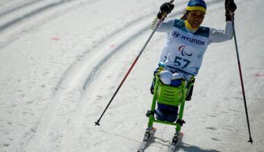 A female sit-skier in action at PyeongChang 2018