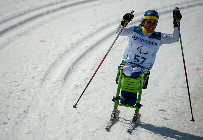 A female sit-skier in action at PyeongChang 2018
