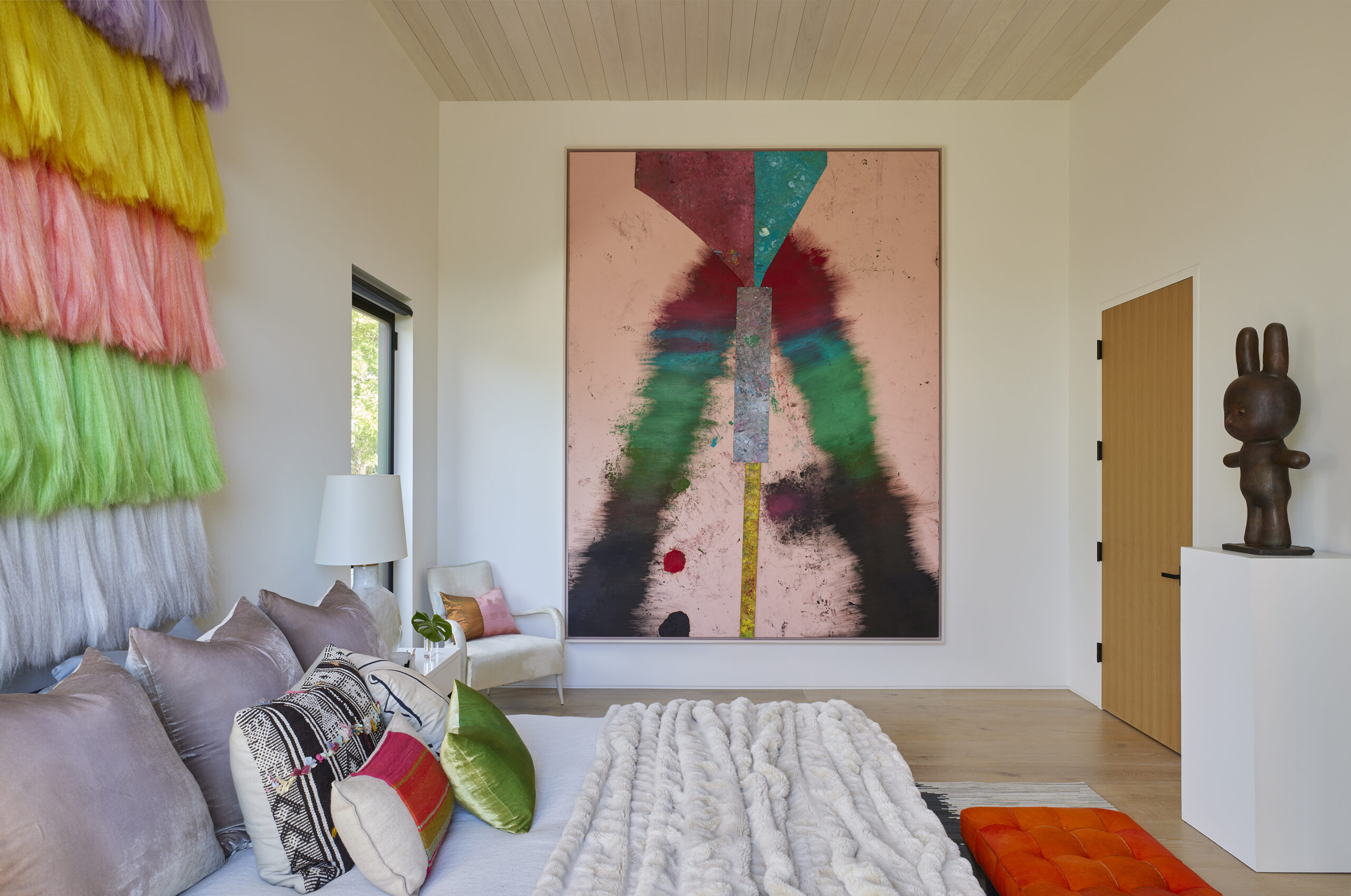 Left to right: Lauren Halsey, Untitled, 2021; Sterling Ruby, TURBINE. GABAPENTIN, 2022; Otani Workshop, Standing rabbit, 2022.